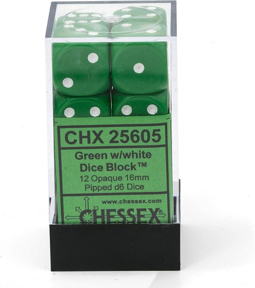 Chessex 12-D6 set (16mm) - Opaque Green/White