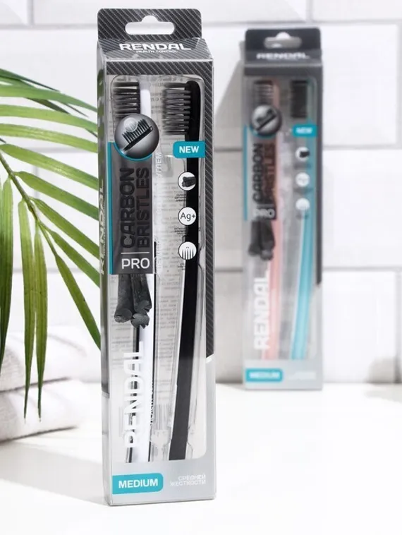 Зубная щётка Rendall средней жёсткости, с углем Carbon Bristles, 2 шт. МИКС