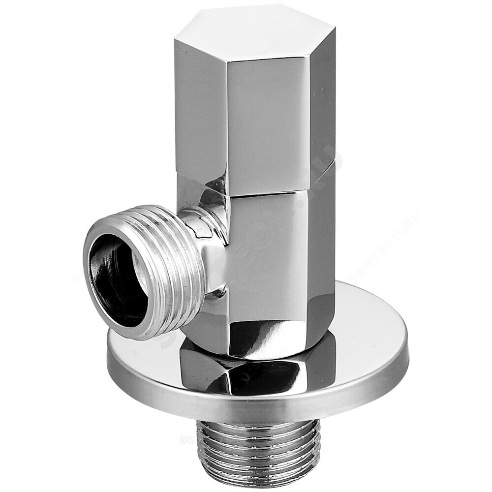 Клапан (вентиль) латунь бытовой хром угловой с отражателем 1077 G1/2"х3/4" Ру16 НР маховик гексагон Aquasfera 1077-02