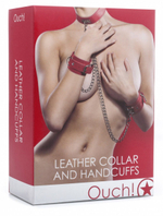 Красный комплект для бондажа Leather Collar and Handcuffs (Цвет: красный)