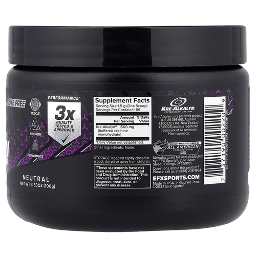 EFX Sports, PH-Correct®, моногидрат креатина, Kre-Alkalyn® EFX, нейтральный вкус, 100 г (3,53 унции)