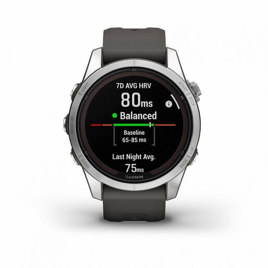 Умные часы Garmin Fenix 7S Pro Solar Серебристый с черным силиконовым ремешком 010-02776-01