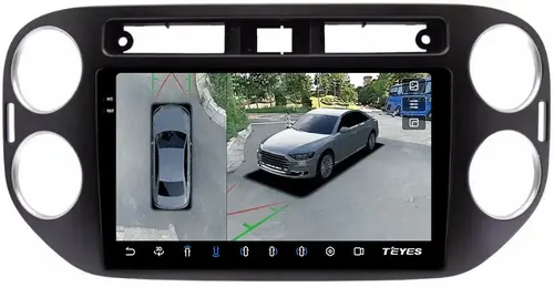 Магнитола для Volkswagen Tiguan 1 2011-2016 (аварийка прямоугольная, рамка чёрная) - Teyes CC3-2K-360 на Android 10, Быстрая, 2K QLED, CarPlay, 4G SIM-слот, 4 камеры в комплекте