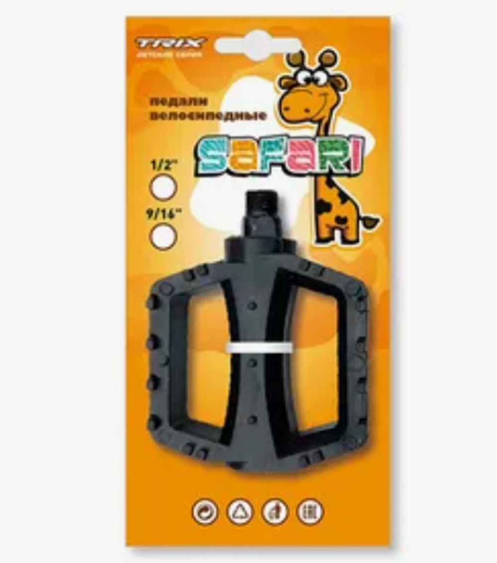 Педали детские TRIX Safari, пластиковые, 100x80мм, резьба 9/16", с шипами, черные