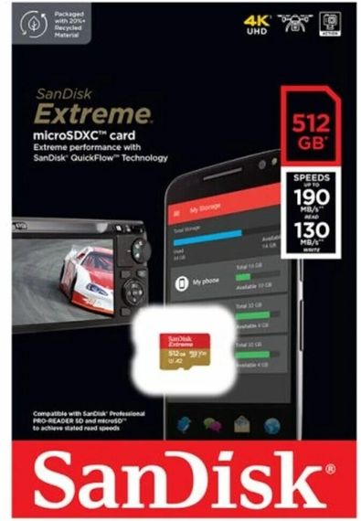 Флеш карта microSD 512GB SanDisk microSDXC Class 10 UHS-I A2 C10 V30 U3 Extreme 190MB/s SDSQXAV-512G-GN6MN