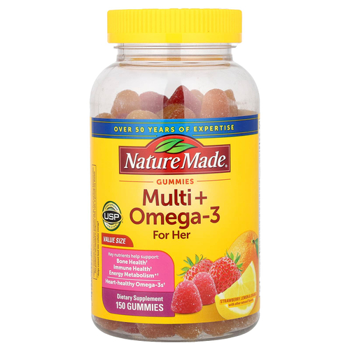 Nature Made, мультивитамины + омега-3, для нее, со вкусом клубники, лимона и апельсина, 150 жевательных таблеток