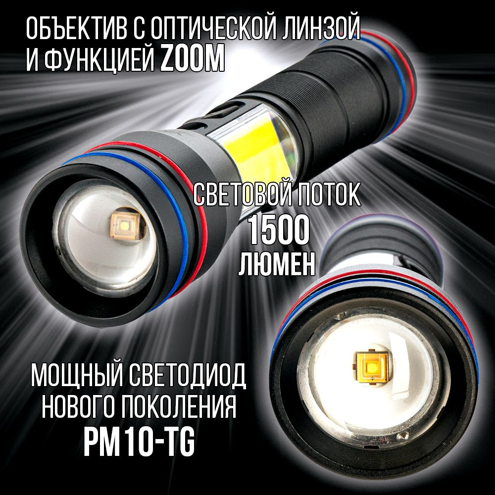 Фонарь ручной аккумуляторный Power bank Магнит диод PМ10TG,СОВ
