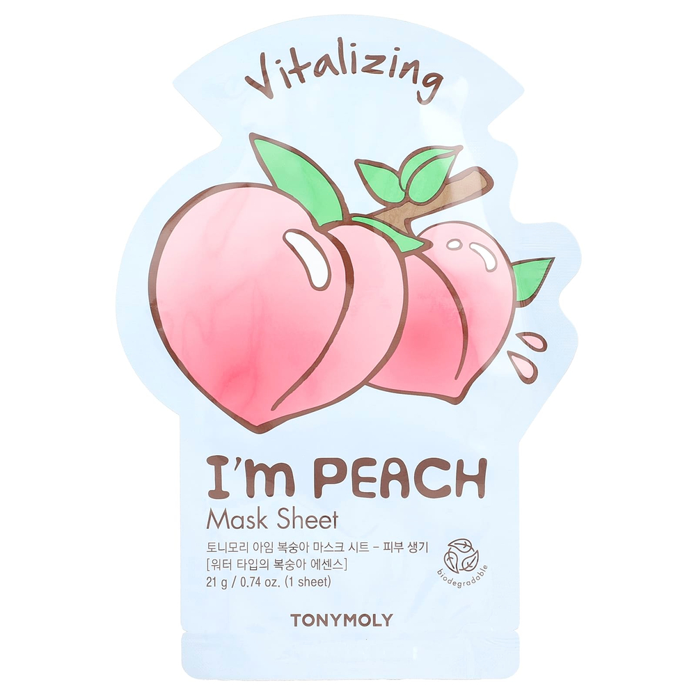TonyMoly, I'm Peach, восстанавливающая тканевая маска с персиком, 1 шт., 21 г (0,74 унции)