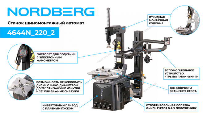 NORDBERG (4644N 220 2) Станок шиномонтажный автомат, двускоростной, 220 В, серый + "Третья рука" 46H44N
