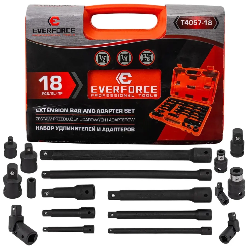 Набор удлинителей и адаптеров 18пр. 1/4''3/8''1/2'' EVERFORCE EF-T4057-18
