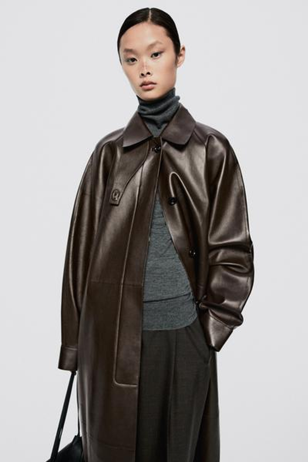 Massimo Dutti Длинный тренч из кожи наппа - Limited Edition, шоколадно-ричневый