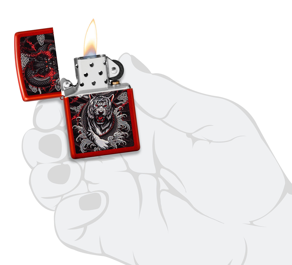 Зажигалка Zippo Dragon Tiger Design с покрытием Metallic Red, латунь/сталь, красная, 38x13x57 мм