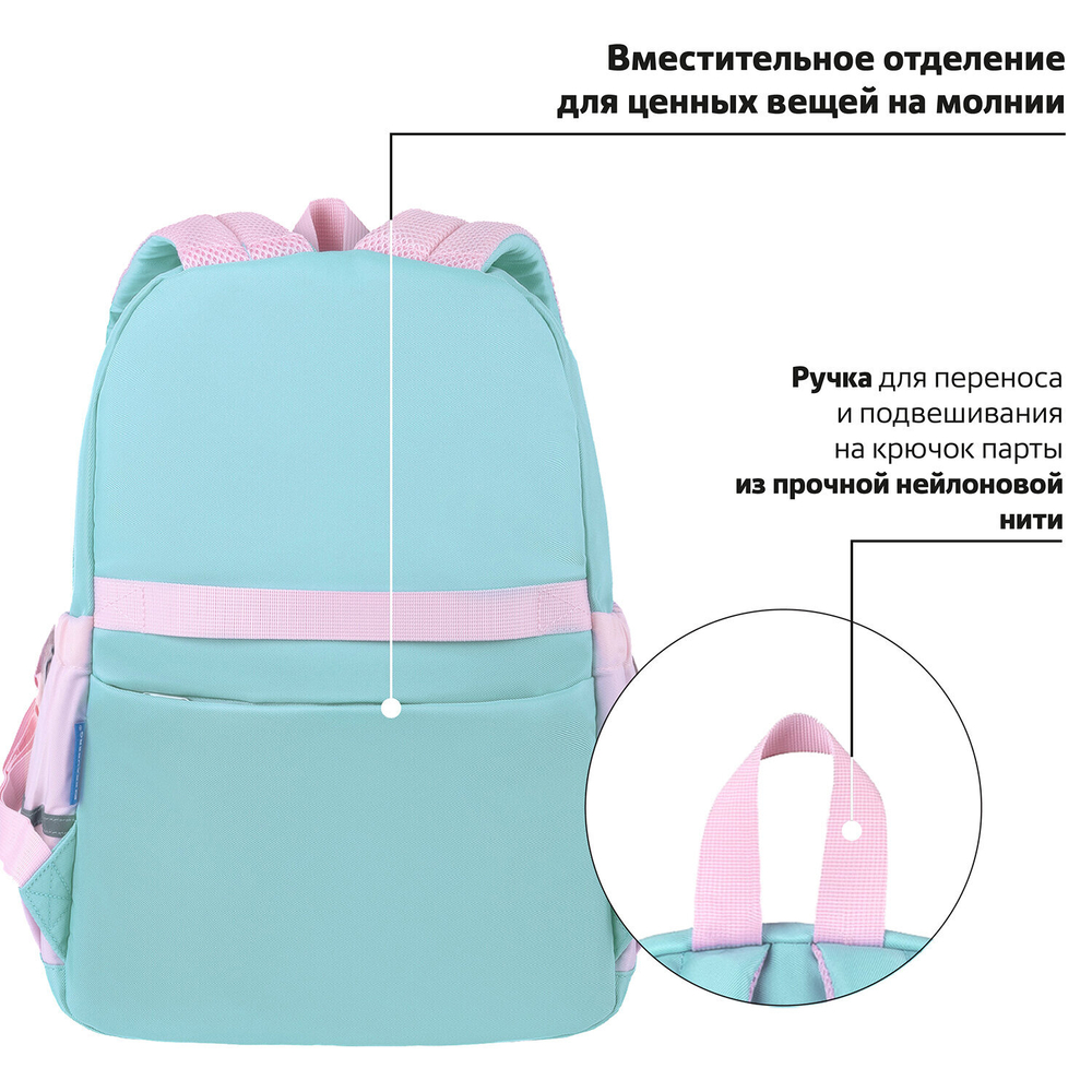 Рюкзак BRAUBERG PASTEL с термонашивками в комплекте, "Funny clouds", мятный, 40х29х14 см, 271421