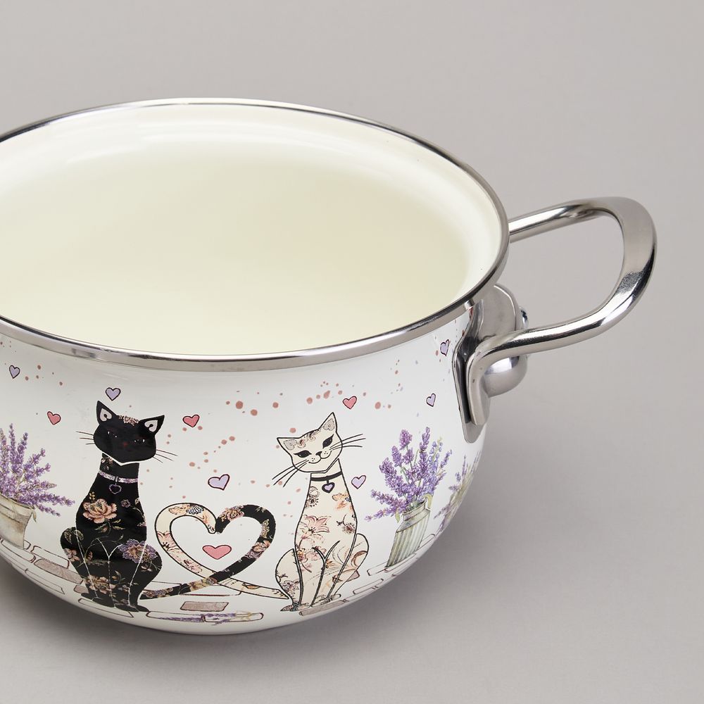 КАСТРЮЛЯ AGNESS ЭМАЛИРОВАННАЯ СО СТЕКЛЯННОЙ КРЫШКОЙ СЕРИЯ "LAVENDER CATS", 1,5 Л ДИА. 16СМ