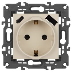 Розетка ЭРА Elegance 14-4108-02 2P+E 16A-250В со шторками с USB type-A+C 5В-3А слоновая кость | Эра Elegance