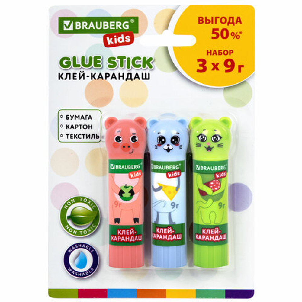 Клей-карандаш «Зверята: кошка, мышка, хрюшка», 9 г, фигурный колпачок, 3 шт./блистер, BRAUBERG KIDS.