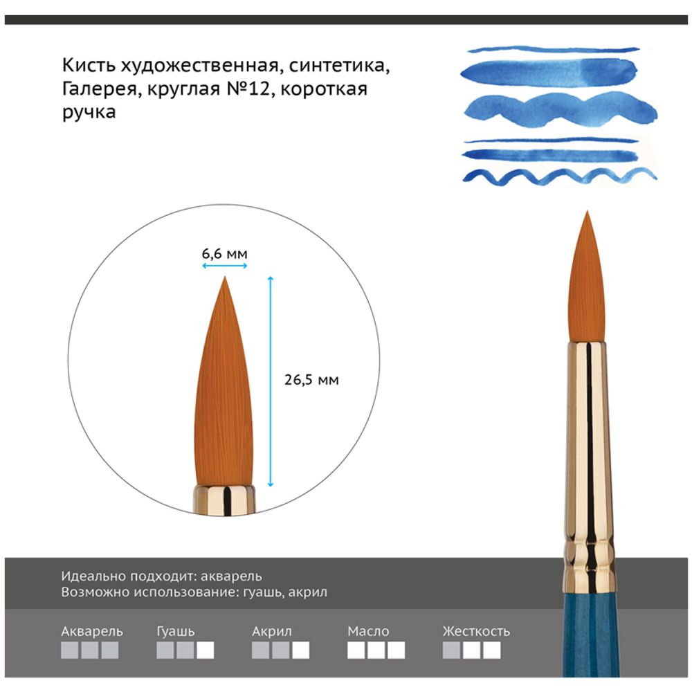 Кисть художественная профессиональная, синтетика мягкая, круглая № 12, короткая ручка, Гамма Галерея