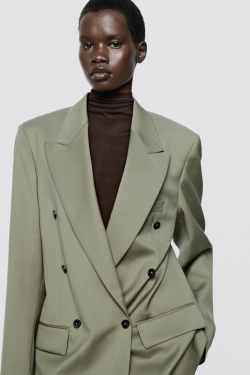 Massimo Dutti Двубортный пиджак оверсайз - Limited Edition, зеленовато-серый
