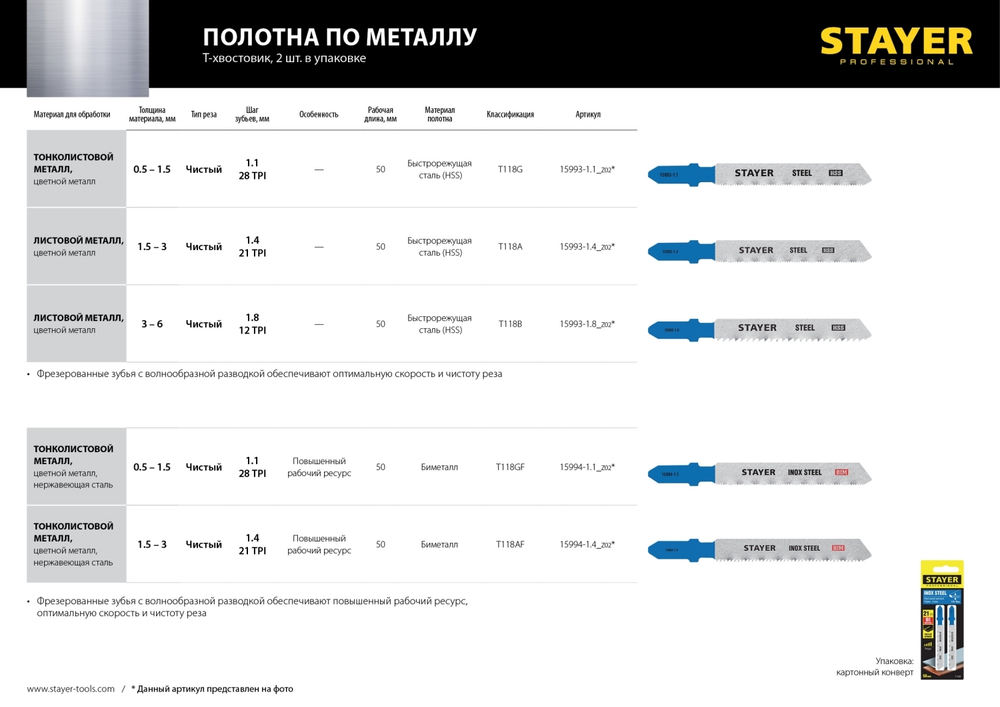 STAYER T118AF, T-хвост., Bi-Metal, по металлу толщиной 1.5-3 мм, шаг зуба 1.4 мм, раб. длина 50 мм, 2 шт, полотна для лобзика (15994-1.4)