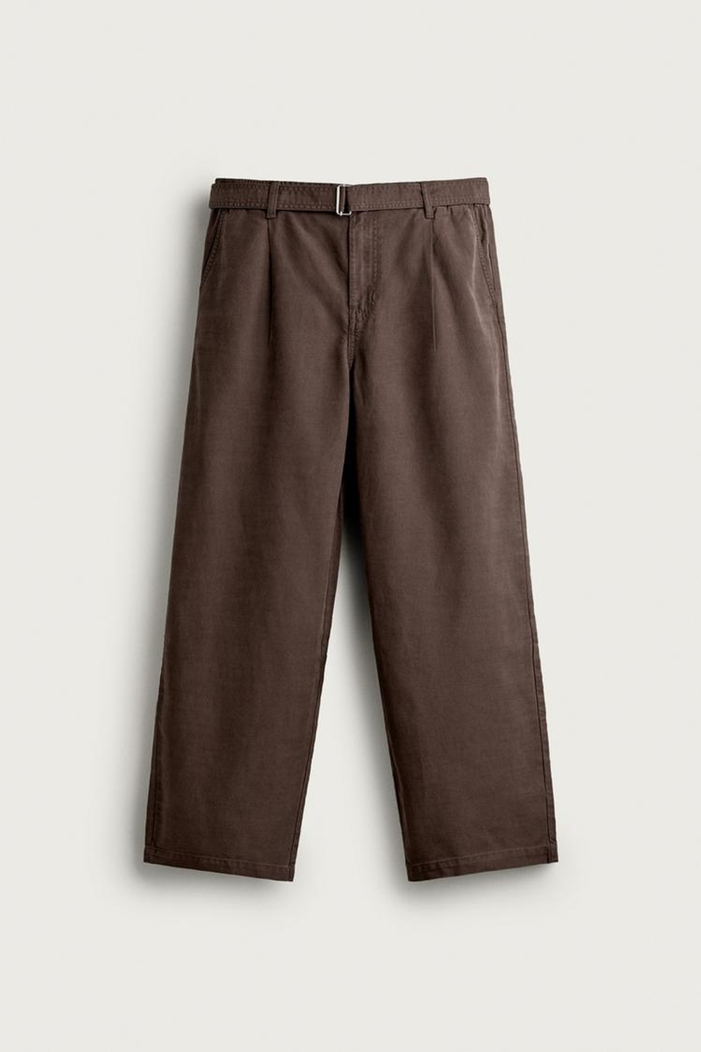 ZARA БРЮКИ RELAXED FIT СО СКЛАДКАМИ И РЕМНЕМ, СЕРО-КОРИЧНЕВЫЙ