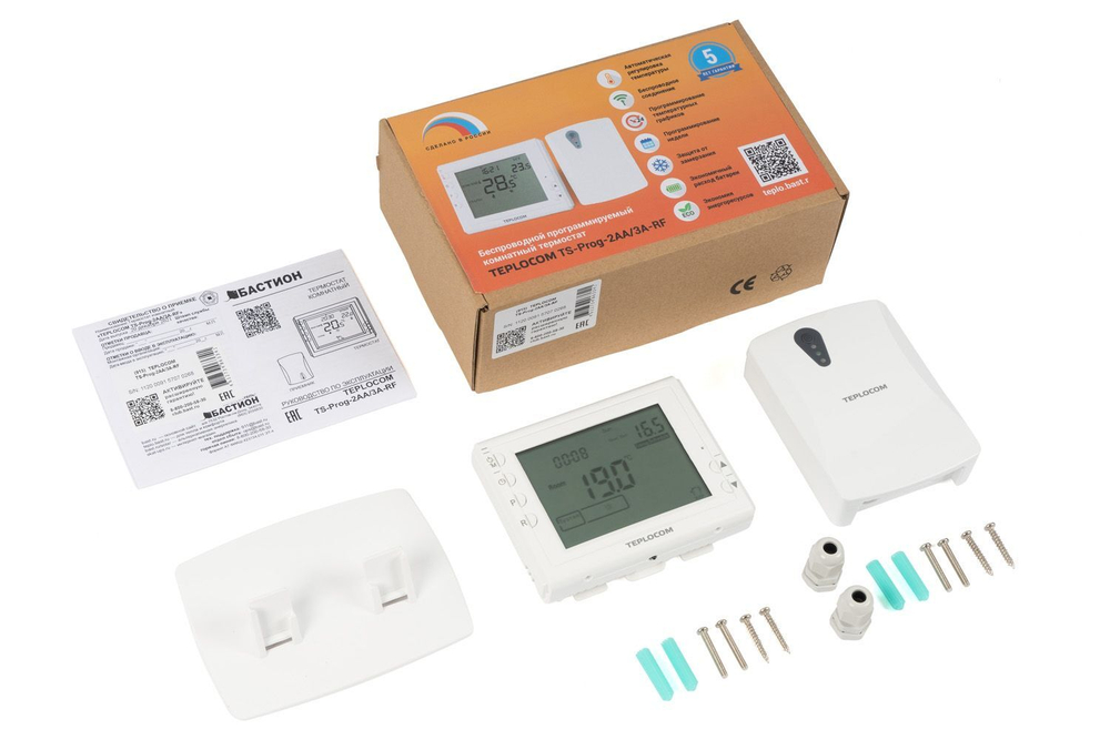 Комнатный термостат, беспроводной, Teplocom TS-Prog-2AA/3A-RF, Бастион 915