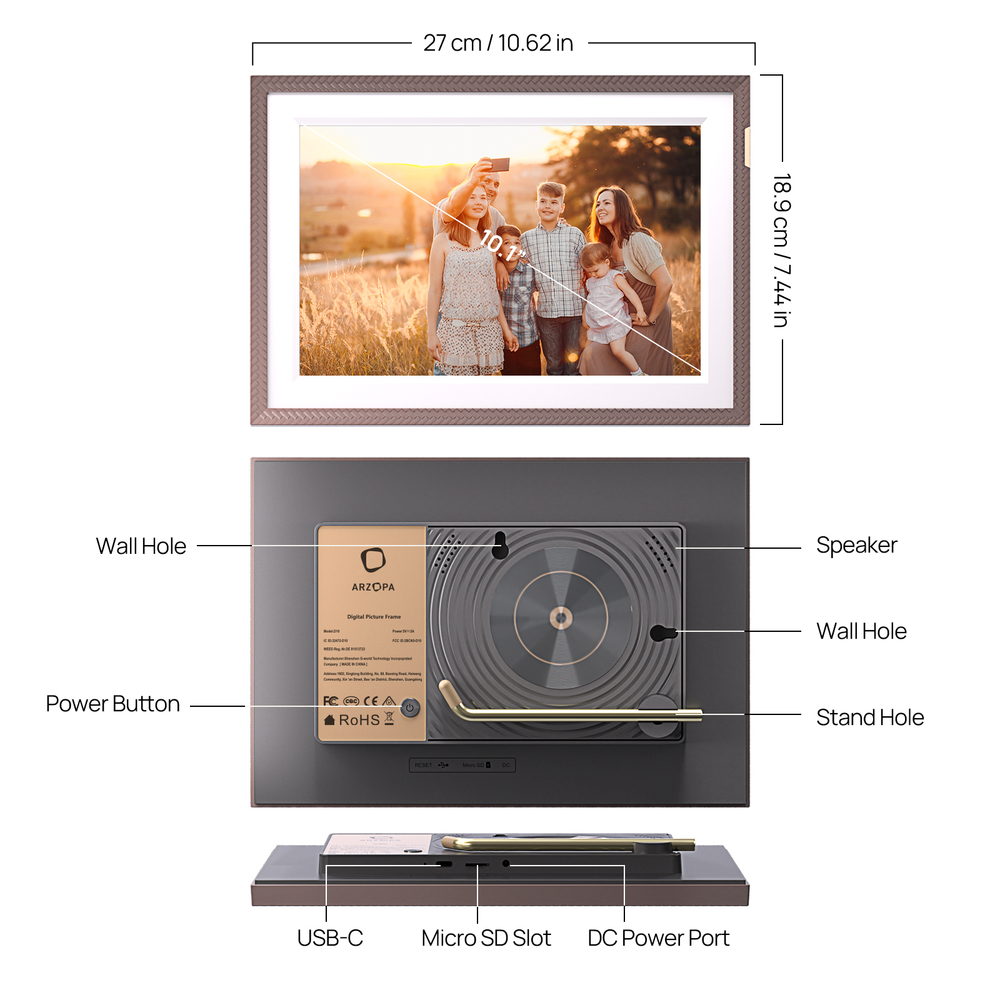 Цифровая фоторамка Arzopa D10 Brown Wi-Fi, 10,1-дюймовый сенсорный экран IPS, разрешение 1280x800