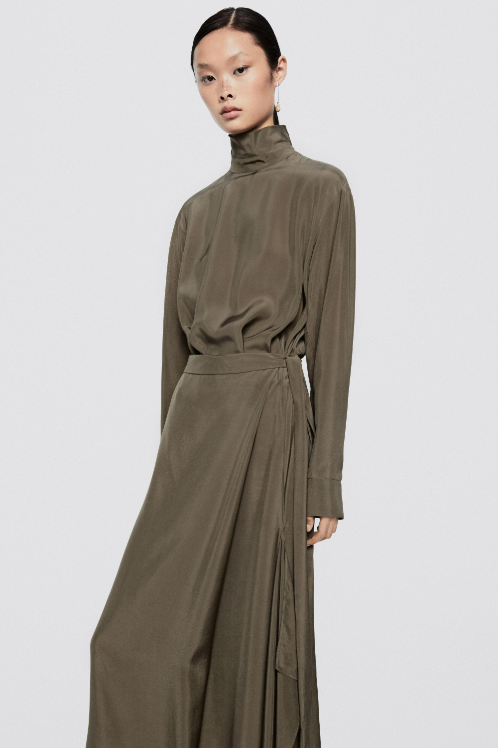 Massimo Dutti Асимметричное драпированное платье миди - Limited Edition, коричневый