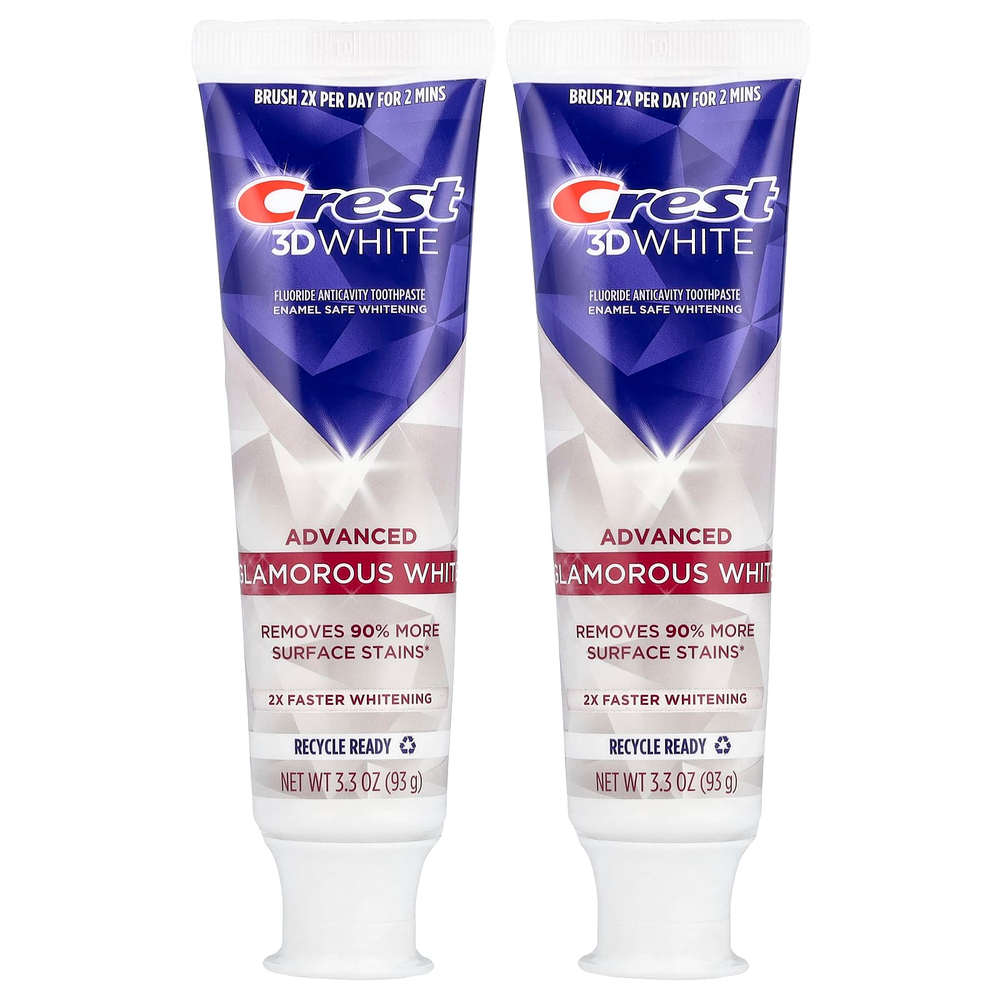 Crest, 3D White, фторсодержащая зубная паста от кариеса, улучшенная, с эффектом гламурного белого цвета, 2 тюбика по 93 г (3,3 унции)