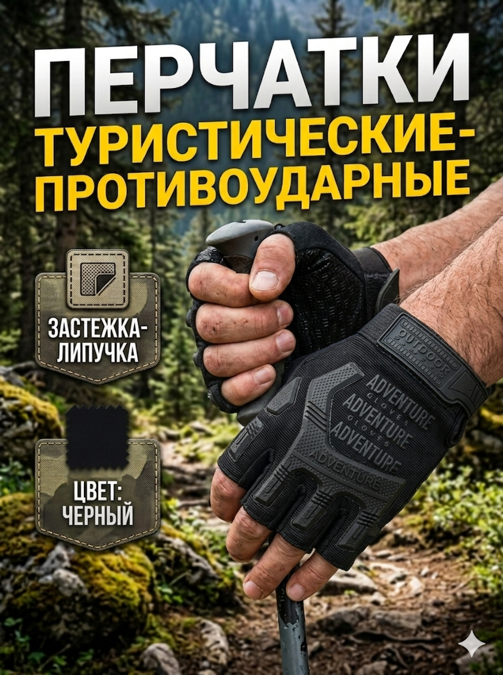 Перчатки туристические черные без пальцев KF75