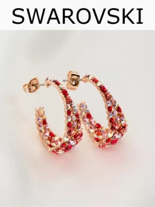 Серьги-полукольца вечерние Россыпь из красных камней Swarovski