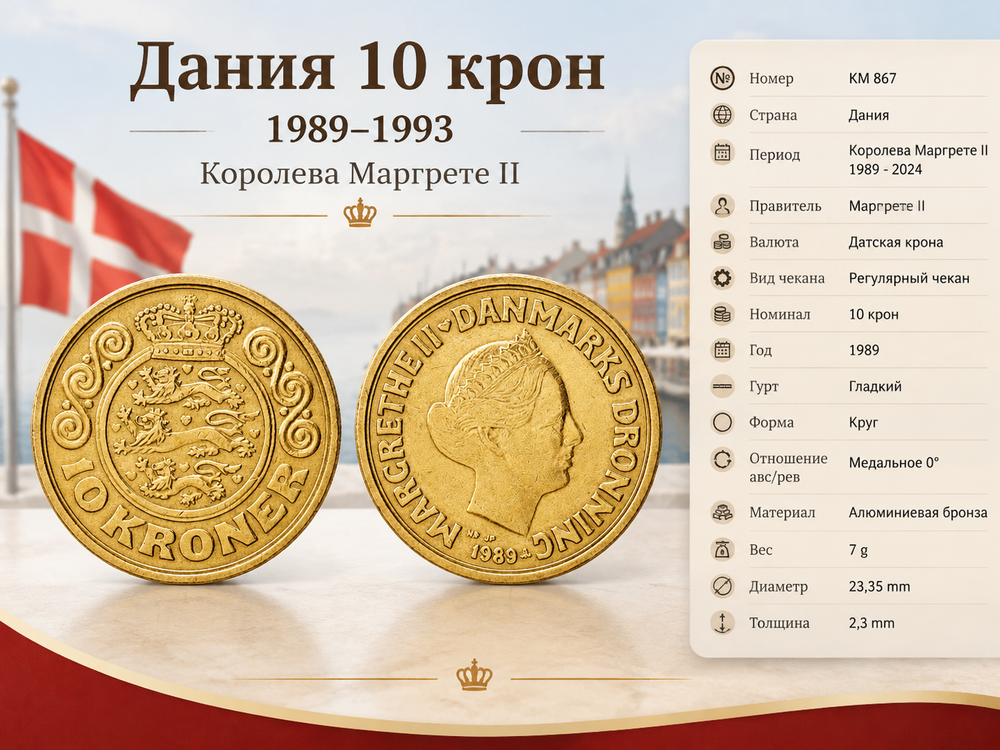 Дания 10 крон, 1989 Королева Маргрете II XF