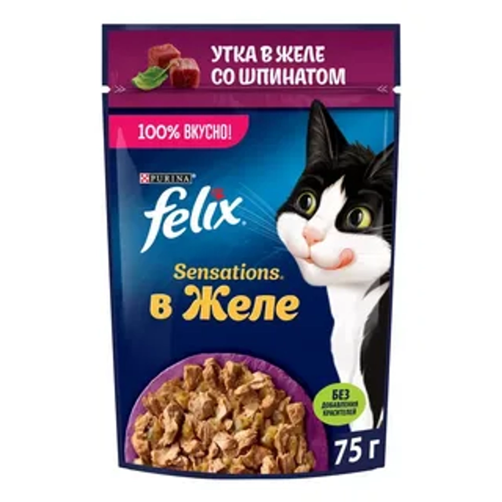 FELIX SENSATIONS корм желе утка-шпинат 75 г.
