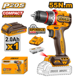 Аккумуляторный бесщеточный шуруповерт INGCO CDLI205582 INDUSTRIAL 20 В 55 Нм 22+1