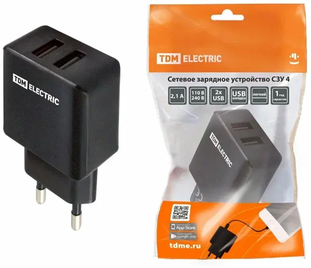 Сетевое зарядное устройство, СЗУ 4, 2,1 А, 2 USB черный TDM SQ1810-0021
