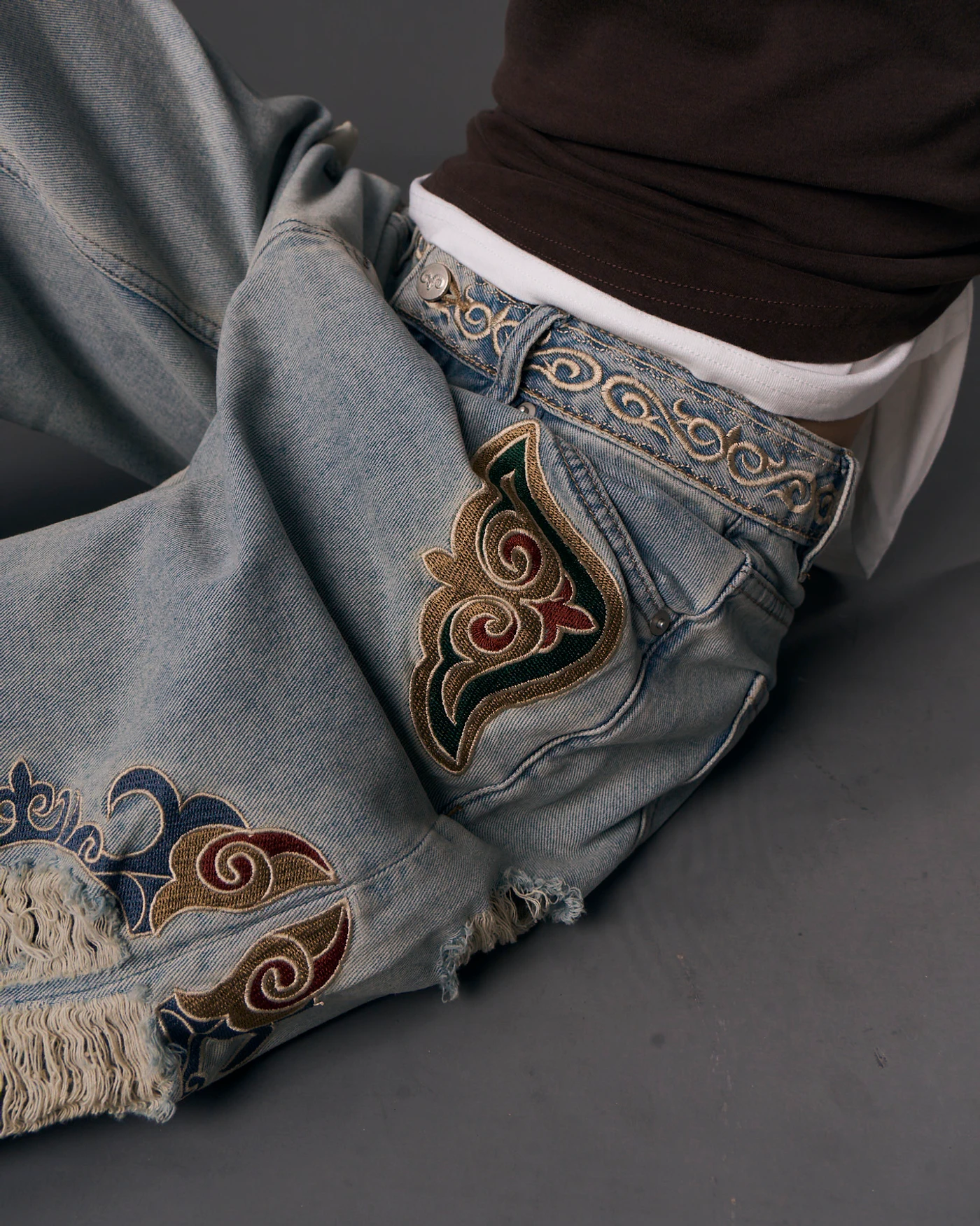 Vintage Grey Blue Jeans with Embroidery and Artistic Distressing
