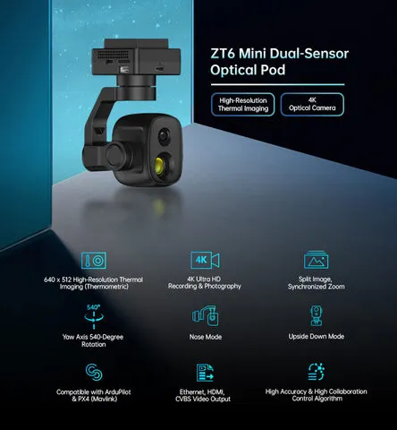 Камера SIYI ZT6 Mini Dual-Sensor Optical Pod с тепловизором 640p, трехосевой подвес, 4К, 6x цифровой зум