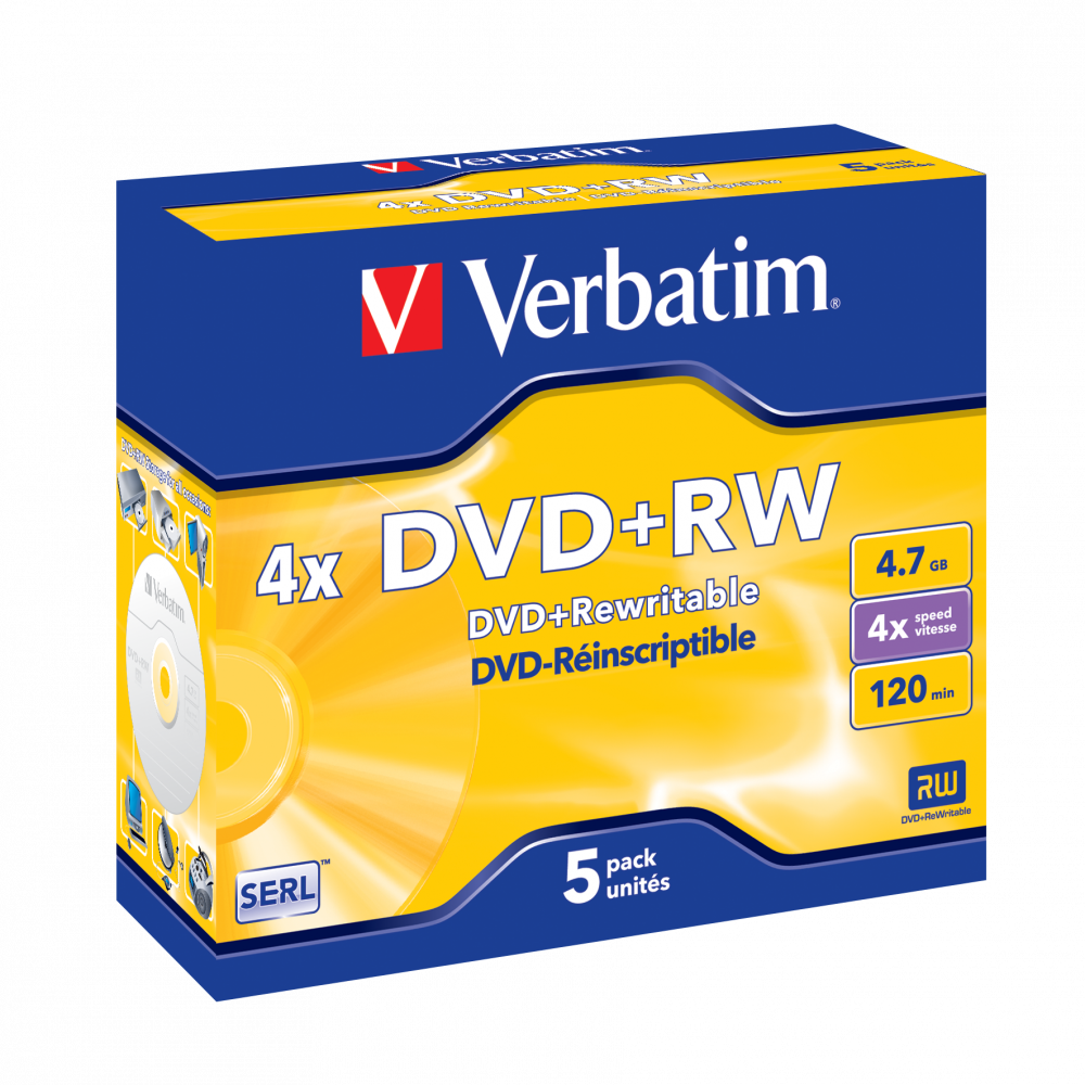 Оптический диск Verbatim DVD+RW 4.7GB 4X SERL Matt Silver, Slim Case, 5 шт