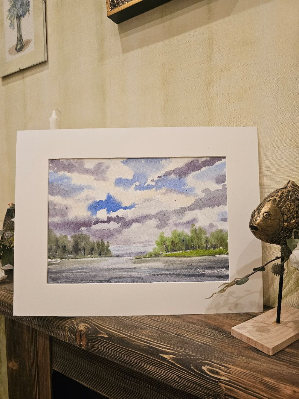 Картина авторская акварельная в паспарту 30х40 см на стену для интерьера "Танец облаков над Ладогой"