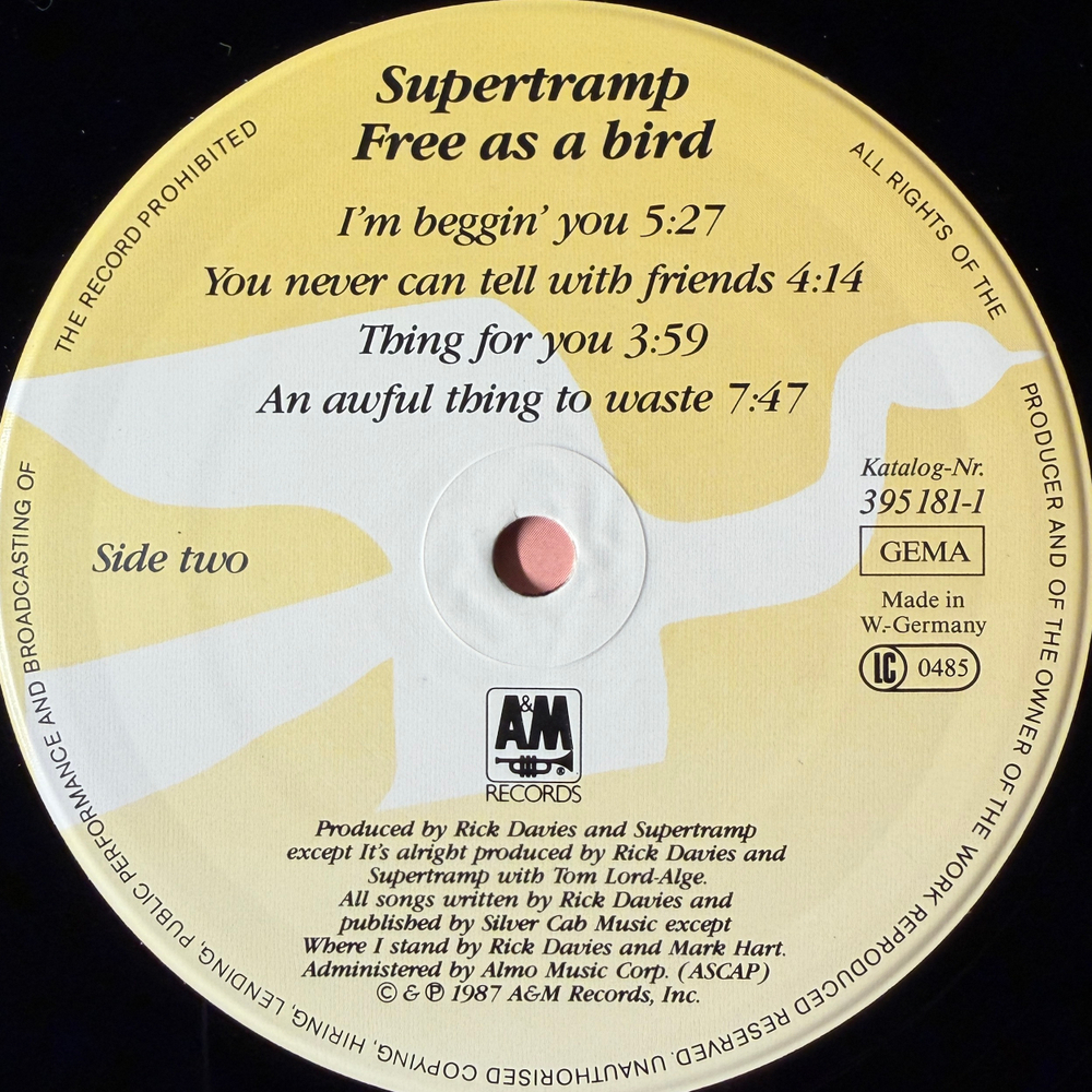 Supertramp ‎– Free As A Bird (Германия 1987г.)