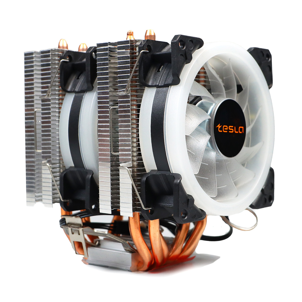 Кулер для CPU ТЕСЛА (TESLA) 620RGB, 2х92мм, 3-pin, Al+Cu, серебристый-белый-прозрачный/FRGB, 2200rpm, 64CFM, 23дБ, 6-PIPE(прямой контакт), TDP 180Вт, INTEL 1700/1200/115x/775/1366, AMD AM5/AM4/AM3(+)/AM2(+)/FM2(+)/FM1/754/940/939 (TSL-620-RGB)
