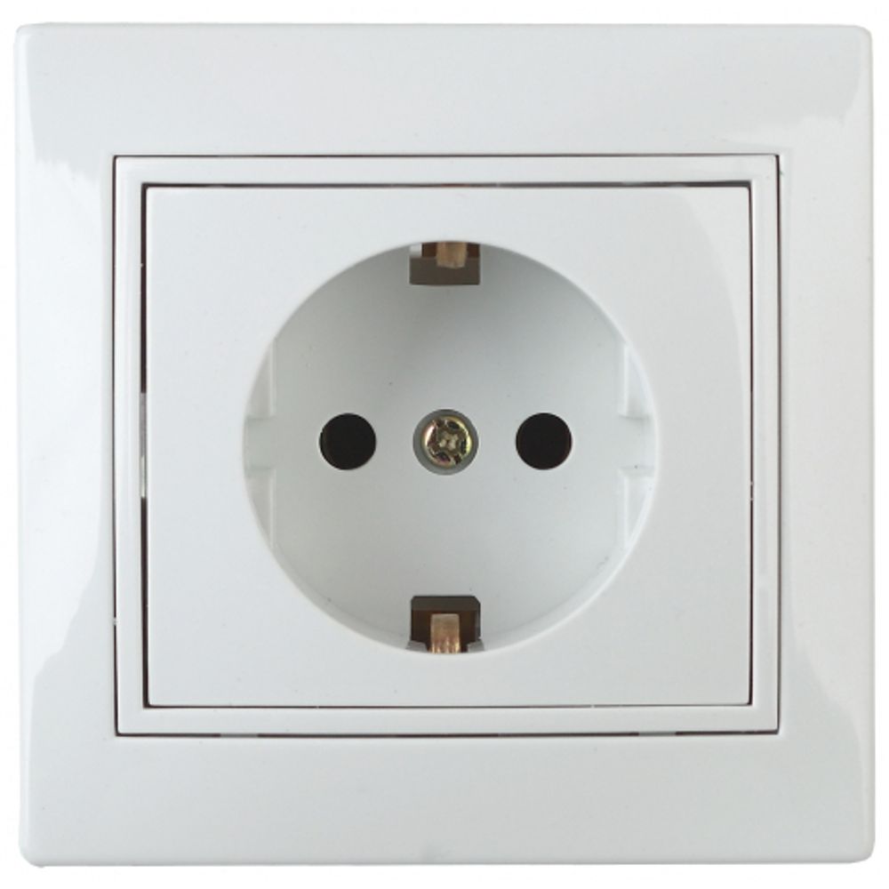 Розетка Intro Plano 1Э-206-01 с заземлением 2P+E Schuko со шторками, 16А-250В, СУ, без лапок, белый | Intro Plano