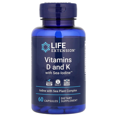 Life Extension, витамины D и K с йодом Sea-Iodine™, 60 капсул