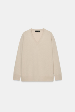 ZARA ШЕРСТЯНОЙ СВИТЕР ОВЕРСАЙЗ С V-ОБРАЗНЫМ ВЫРЕЗОМ, ЖЕМЧУЖНО-СЕРЫЙ