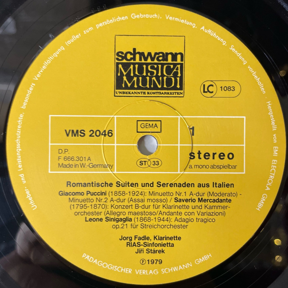 Винтажная виниловая пластинка LP Leone Sinigaglia, Giacomo Puccini, Marco Enrico Bossi, Giuseppe Saverio Mercadante, Romantische Suiten und Serenaden aus Italien (Германия 1979)