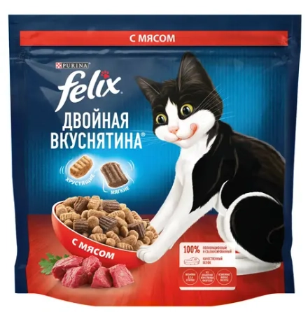 Корм сухой для взрослых кошек с мясом - 1,3кг Felix Двойная вкуснятина