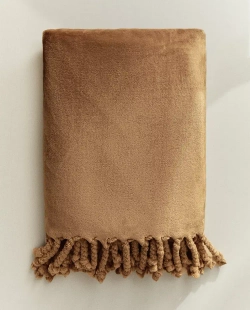 ZARA HOME ПЛЕД ИЗ ФЛИСА С БАХРОМОЙ, КОРИЧНЕВЫЙ