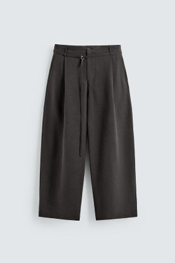 ZARA БРЮКИ BALLOON FIT С ЗАЩИПАМИ И ПОЯСОМ, ЗЕЛЕНЫЙ/СЕРЫЙ