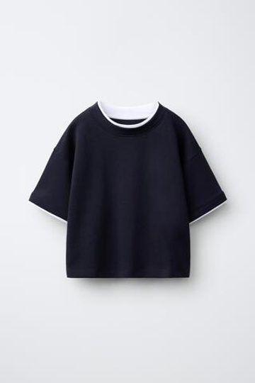 ZARA ФУТБОЛКА ИЗ ИНТЕРЛОКА С ДВОЙНЫМ ЭФФЕКТОМ, МОРСКОЙ СИНИЙ