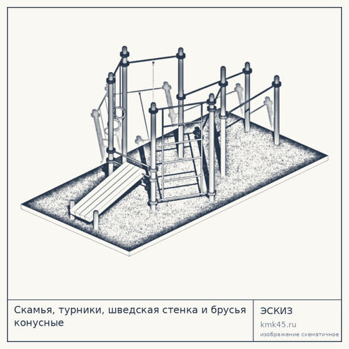 Скамья, турники, шведская стенка и брусья конусные