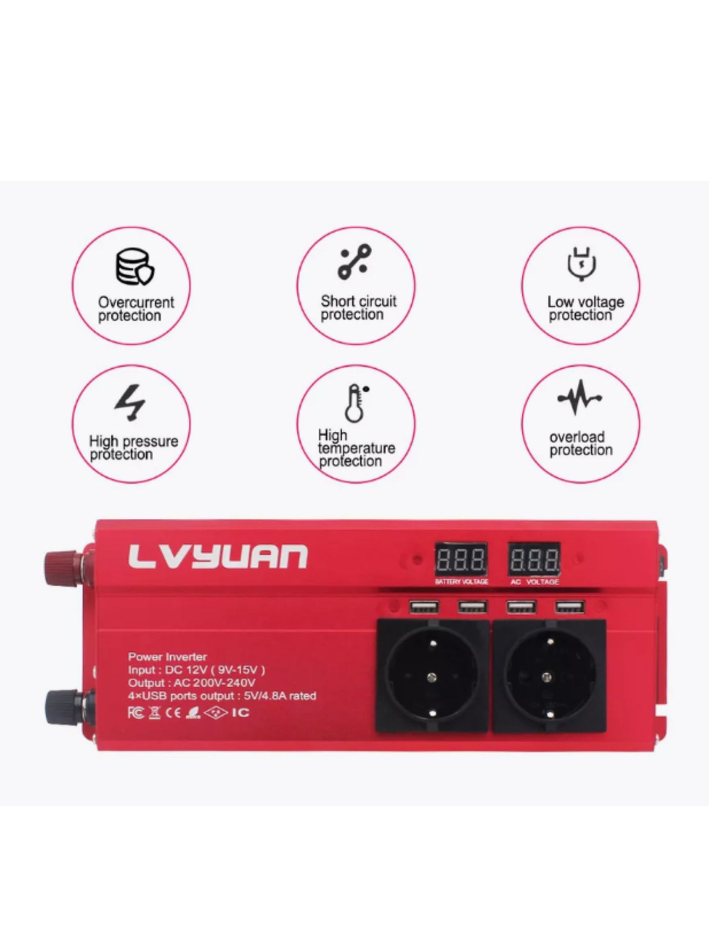 Инвертор 12V-220V 2000W б/накл Lvyuan( красный)